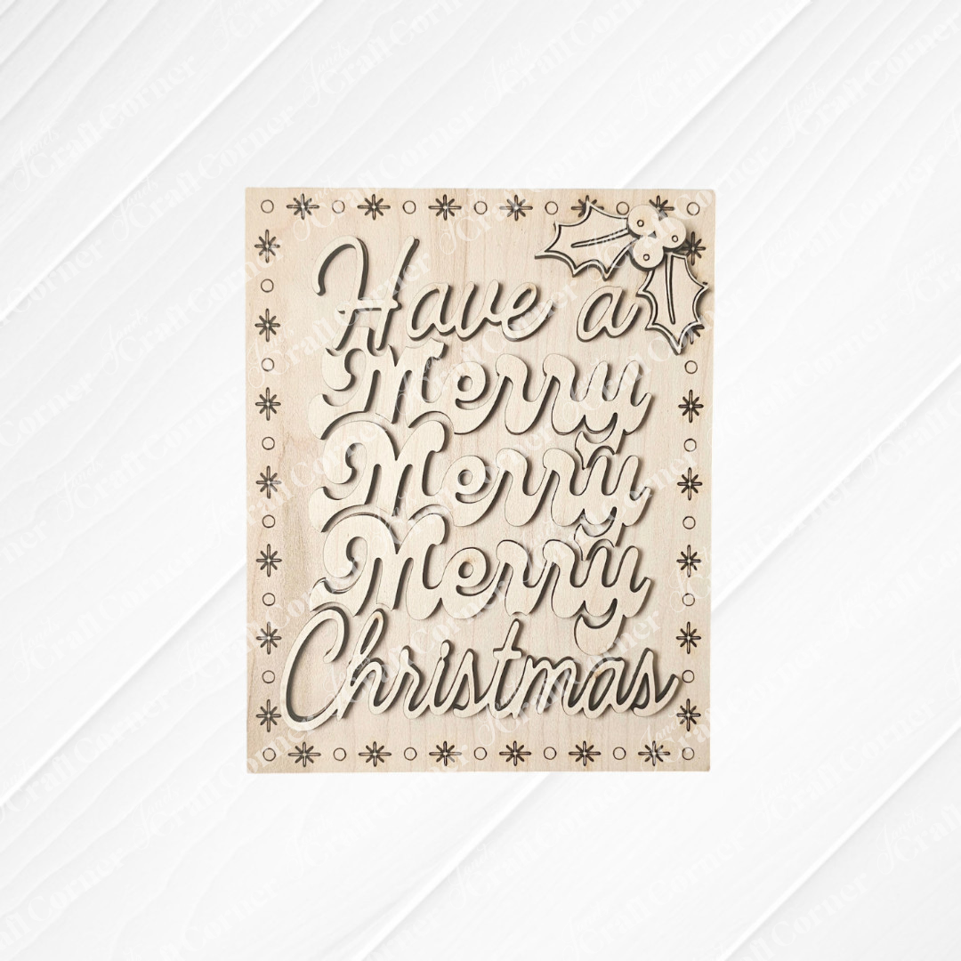 Janet's Craft Corner Merry Midcentury Modern Switchable Farmhouse Signs is a DIY seasonal decor kit featuring a wooden plaque engraved with "Have a Merry Merry Merry Christmas," stars, and holly—perfect for festive midcentury farmhouse style.