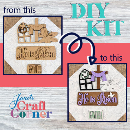 The "He is Risen Interchangeable Insert | DIY home decor kit" by Janet's Craft Corner features a rustic project transformation. This Easter-themed craft set includes components for creating a cross, window, wreath, and signs with the messages "He is Risen" and "FAITH." It also comes with interchangeable inserts. Labeled images provide guidance on item assembly and decoration before and after completion.