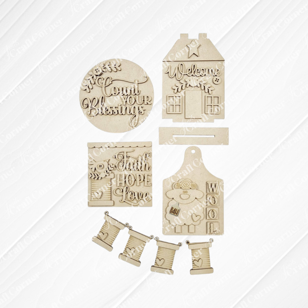 The Heirloom Decor Set from Janet's Craft Corner includes six unfinished wood cut-outs engraved with phrases like "Count Your Blessings" and "Welcome." This DIY seasonal craft kit offers a choice of 5 designs, perfect for creating custom home decor.