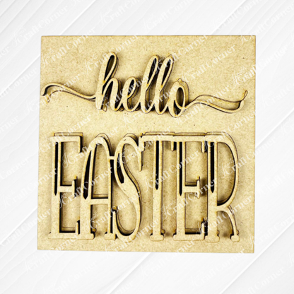 Janet's Craft Corner's "Hello Easter Squares" sign features "hello EASTER" in stylish script and bold font, making it a charming coffee-themed decor piece for any light-toned, textured setting.