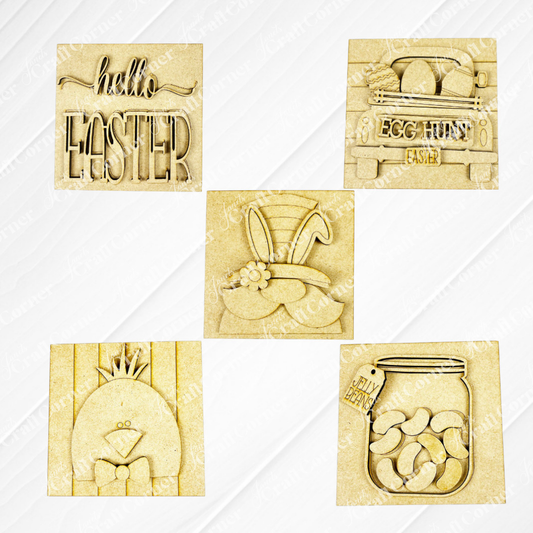 Hello Easter Squares by Janet's Craft Corner features five wooden plaques with festive designs—Hello Easter text, egg hunt truck, bunny in a hat, chick, and jelly bean jar—ideal wood cut-outs for your next DIY craft kit!.
