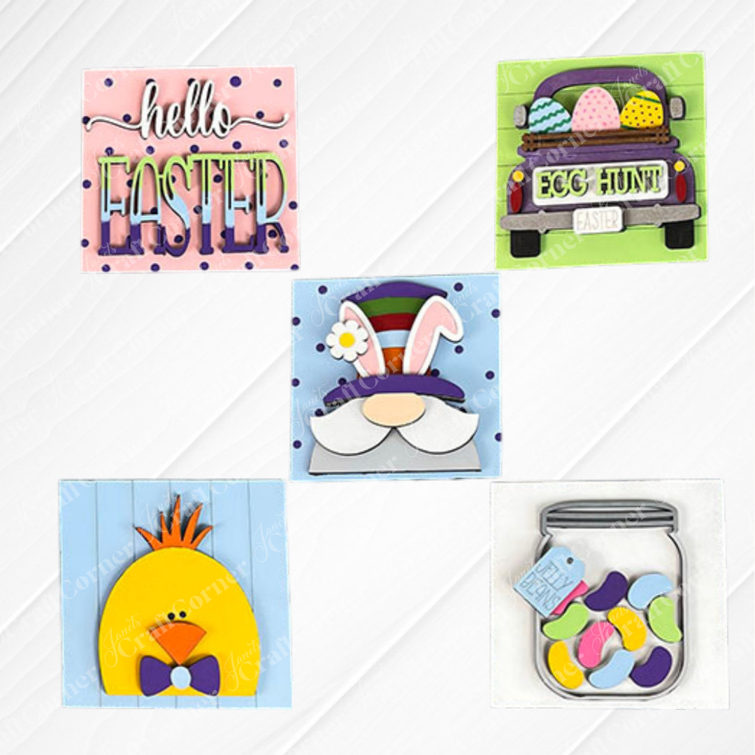 Janet's Craft Corner's Hello Easter Squares feature five colorful cookies: "Hello Easter" text, egg-filled truck with "Egg Hunt" sign, bunny face with hat, chick with bow tie, and a jelly bean jar—great with coffee-inspired decor.