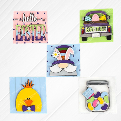 Janet's Craft Corner's Hello Easter Squares feature five colorful cookies: "Hello Easter" text, egg-filled truck with "Egg Hunt" sign, bunny face with hat, chick with bow tie, and a jelly bean jar—great with coffee-inspired decor.
