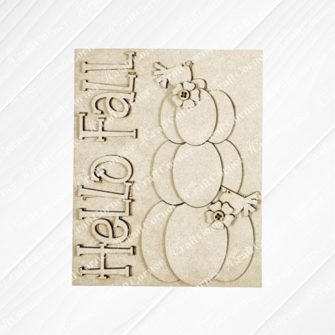 Janet's Craft Corner Fall Switchable Farmhouse Signs—DIY seasonal home decor craft kit (Set of 1; choice of 9)—features a beige sign with three stacked pumpkins and “Hello Fall,” perfect for painting or personalizing for autumn.