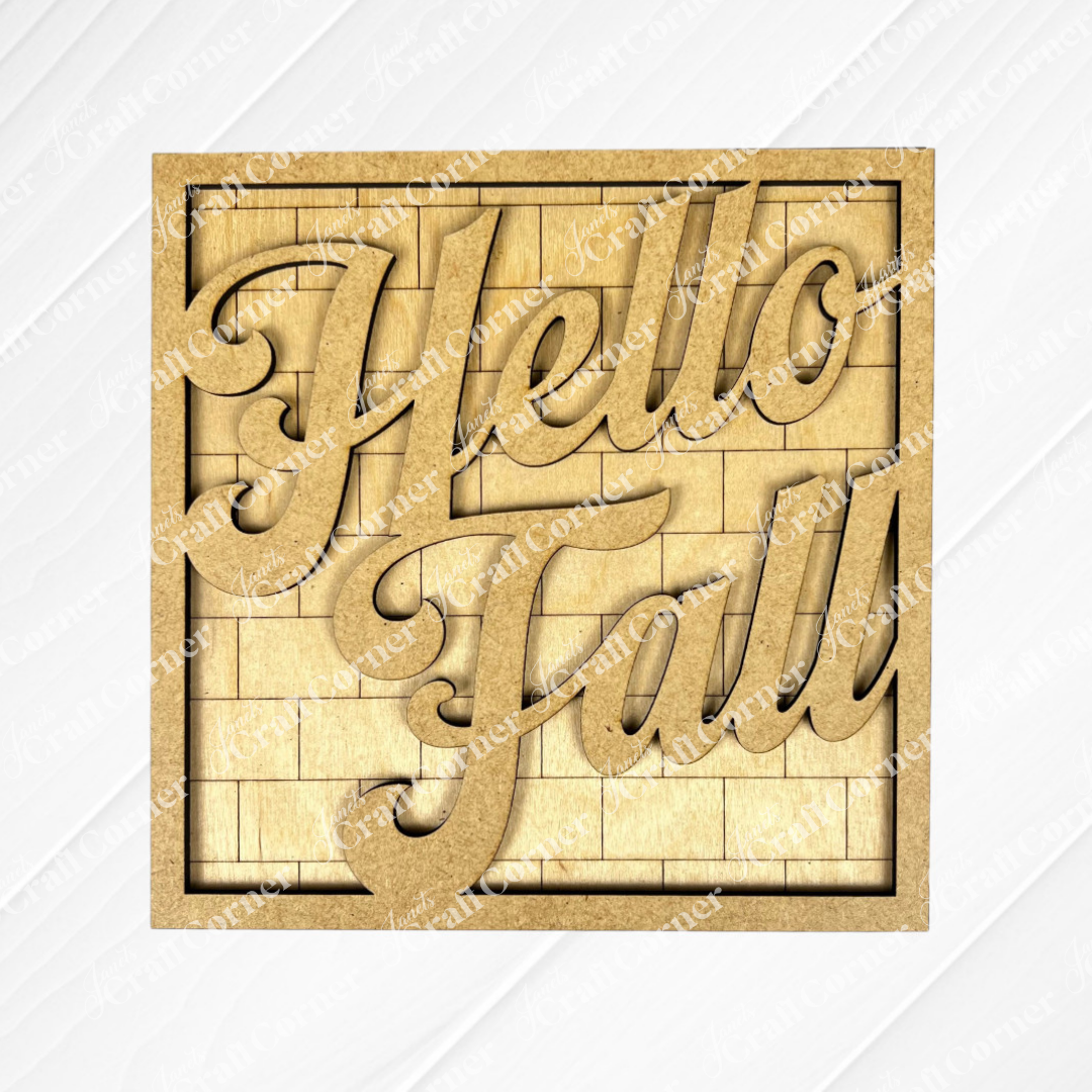 The Hello Fall Squares by Janet's Craft Corner features "Hello Fall" in cursive on wooden tiles arranged in a grid—ideal for tiered tray decor or adding to your Swappable Squares collection.
