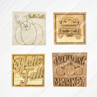 Janet's Craft Corner Hello Fall Squares: set of 4 rustic square wooden signs with autumn designs—pumpkin with "Hello Fall," truck with pumpkins, "Hello Fall" script, and "Harvest Market." Perfect tiered tray décor.