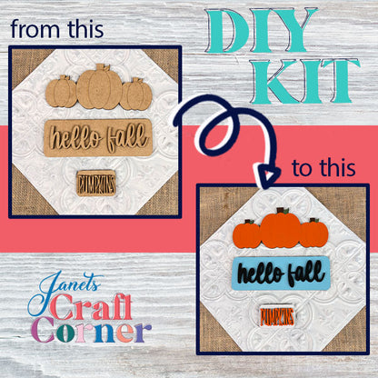 Front of a Janet's Craft Corner Hello Fall Interchangeable Insert package, featuring a fall-themed craft transformation. The left image displays unpainted wooden pumpkins and "Hello Fall" pieces, while the right side presents them beautifully transformed into colorful seasonal decor in orange, black, and blue—perfect for your DIY home decor kit!