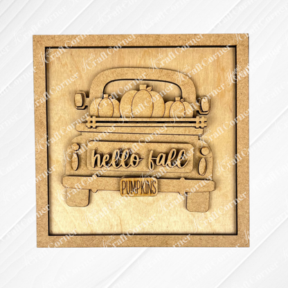 Janet's Craft Corner’s Hello Fall Squares features a vintage truck with pumpkin wood cut-outs, “Hello fall” on the front, and “PUMPKINS” on the plate, set in a square wooden frame—perfect for tiered tray decor.