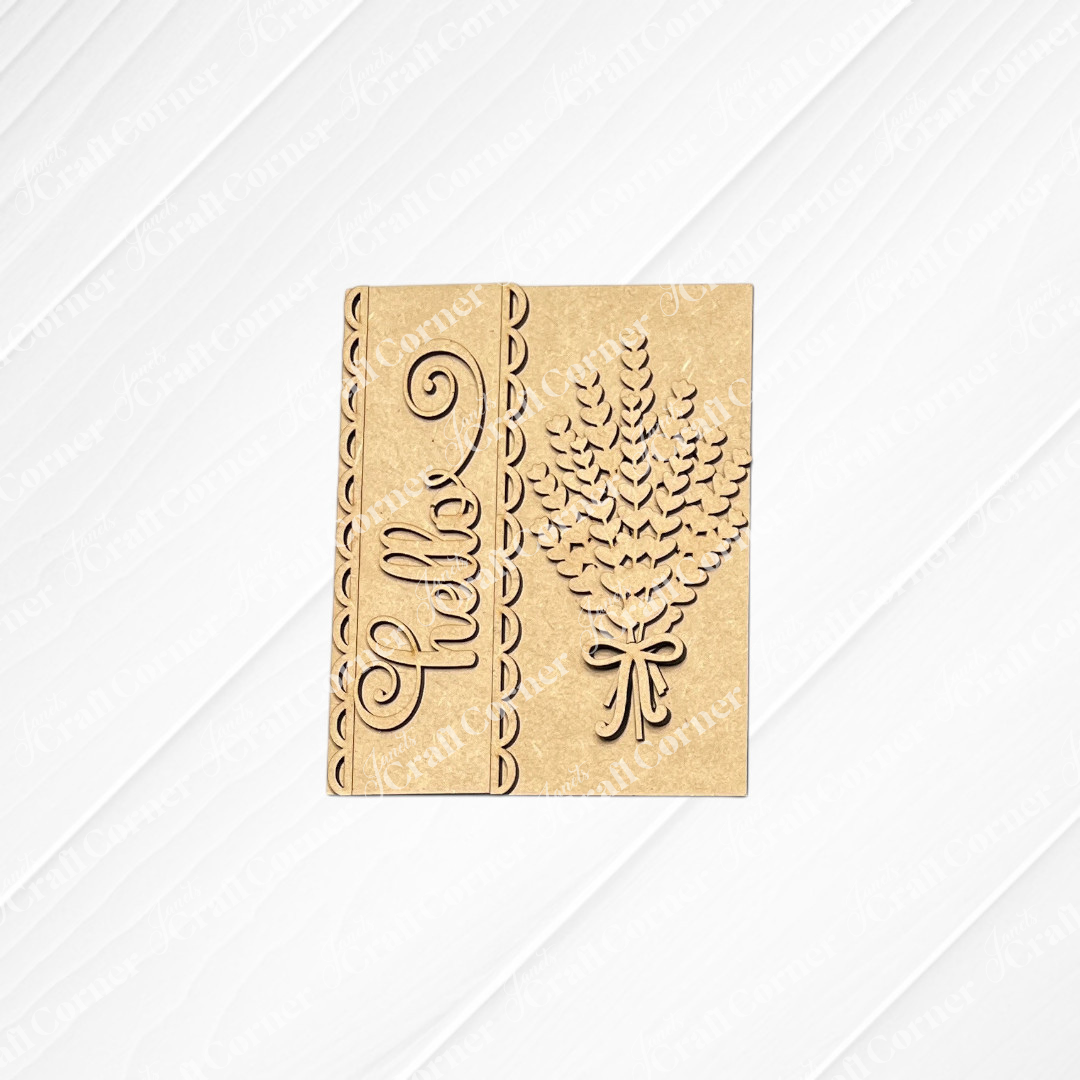 Janet's Craft Corner’s Lavender Switchable Farmhouse Sign is a DIY seasonal decor kit featuring a detailed wood cut-out bouquet and textured brown card—perfect for small spaces or tiered trays. Set of 1.