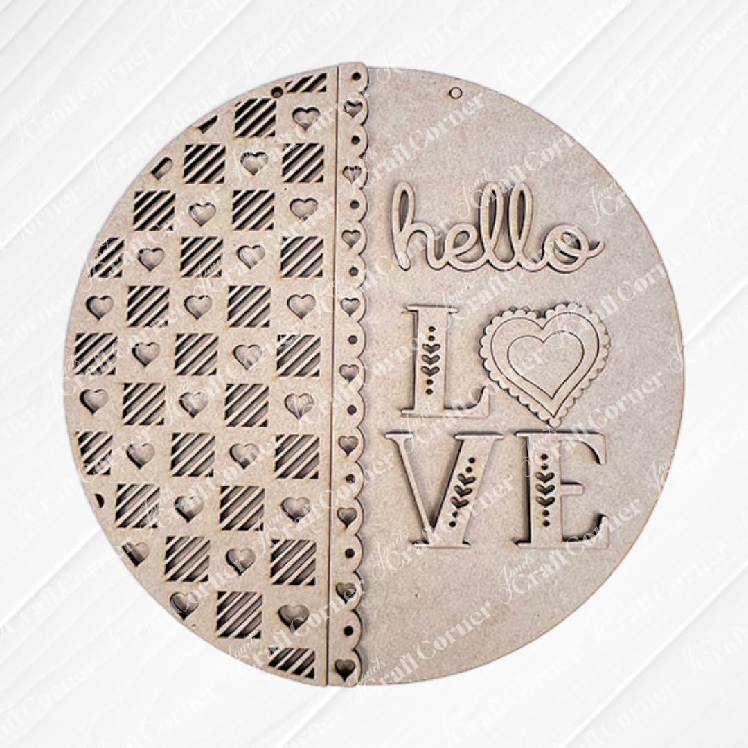 The Hello Love Round Sign from Janet's Craft Corner is a laser-cut wooden decoration featuring hearts, stripes, and "hello LOVE," with a heart for the "O." Ideal as home decor or part of your DIY kit, it adds charm to any space.