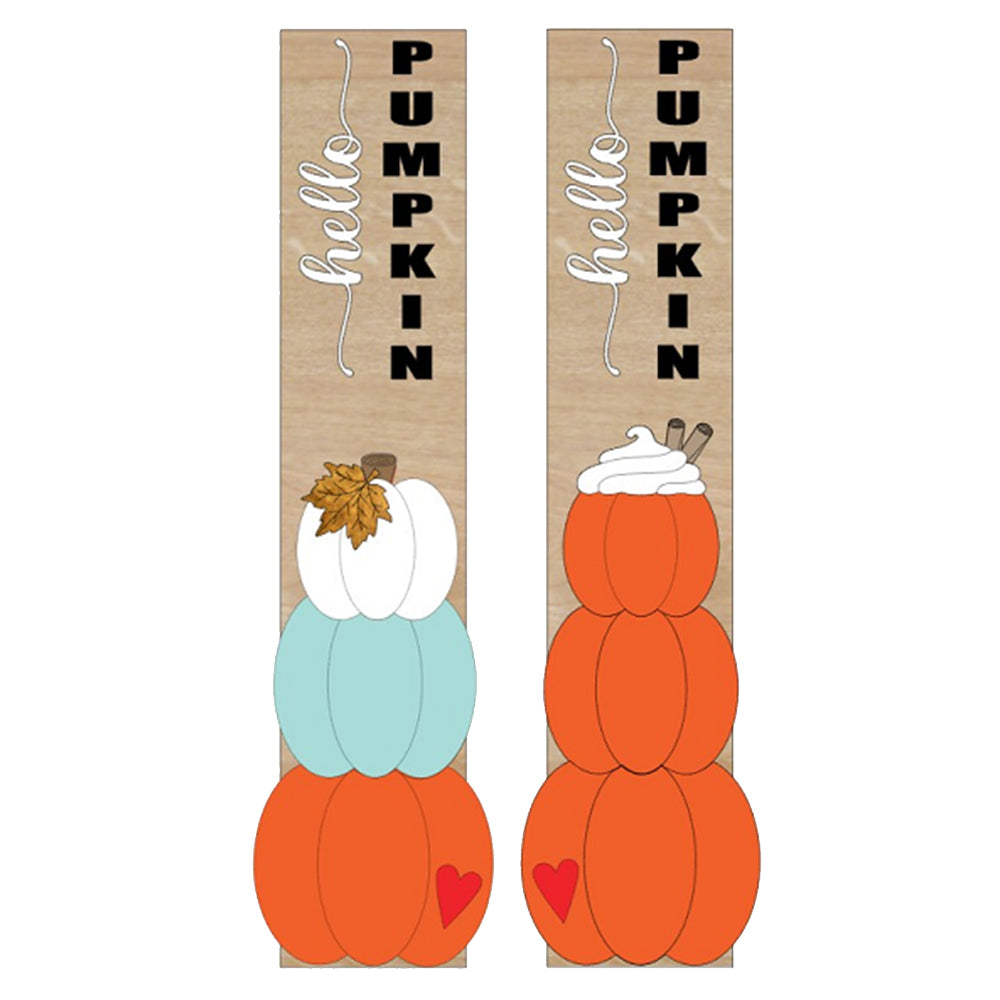 The "Hello Pumpkin Porch Leaner" DIY home decor kit from Janet's Craft Corner includes two vertical wooden signs. One sign showcases the phrase "hello PUMPKIN" with a stack of white, blue, and orange pumpkins adorned with leaves. The other features three orange pumpkins topped with whipped cream and a heart, making it an ideal addition to your seasonal decorations.