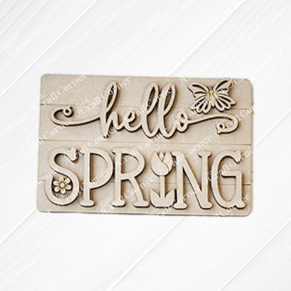 Janet's Craft Corner Hello Spring Decor Set is a DIY Craft Kit with 5 wooden pieces, featuring "hello SPRING" with a butterfly, flower, and tulip. Perfect for farmhouse décor or creative spring crafting.