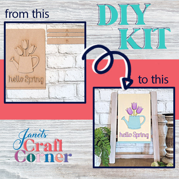 Elevate a simple wooden plaque into eye-catching home décor with our DIY Kit, featuring engraved tulips and "hello Spring" text. This colorful creation pairs beautifully with Janet's Craft Corner's Hello Spring Interchangeable Tea Towel, and is elegantly displayed on an easel surrounded by decorative foliage.