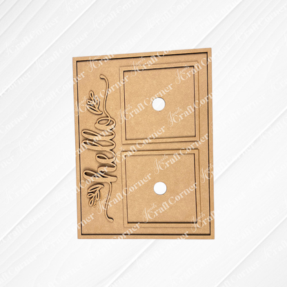 Janet's Craft Corner's Hello Swappable Squares Holder - DIY Craft Kit includes a brown handmade card with two seasonal square inserts, circular cutouts, "hello" in cursive with a floral motif, and a textured white background for added charm.