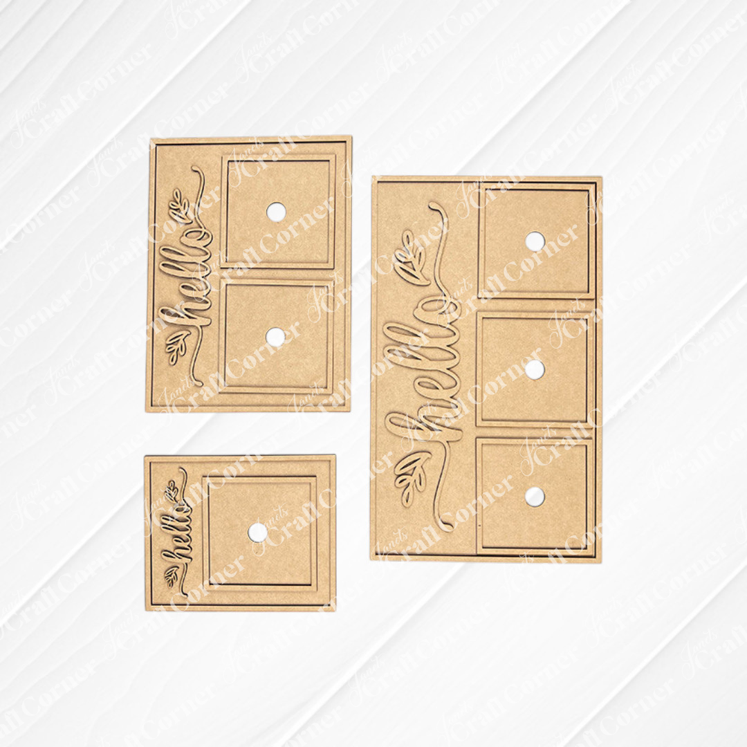 Three brown, rectangular plates with "hello," floral accents, and die-cut shapes are ideal for displaying in the Hello Swappable Squares Holder DIY Craft Kit by Janet's Craft Corner on a textured white backdrop.