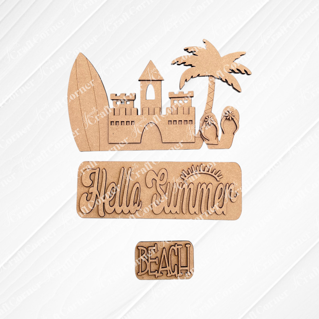 The Summer Beach Interchangeable Insert, a DIY home decor kit by Janet's Craft Corner, features wooden beach-themed cutouts on a textured surface. This versatile decor set includes a surfboard, sandcastle, palm tree, flip-flops, and signs engraved with "Hello Summer" and "Beach." The burlap background with a white tile pattern adds charm and adaptability to any space.
