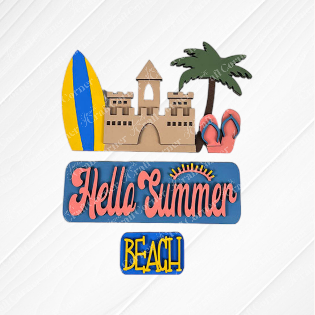 The Summer Beach Interchangeable Insert from Janet's Craft Corner features a textured decorative sign with a sandcastle, surfboard, palm tree, and flip-flops. It displays "Hello Summer" alongside a sun graphic above the bold word "BEACH," making it an ideal DIY home decor kit to add style to your space!