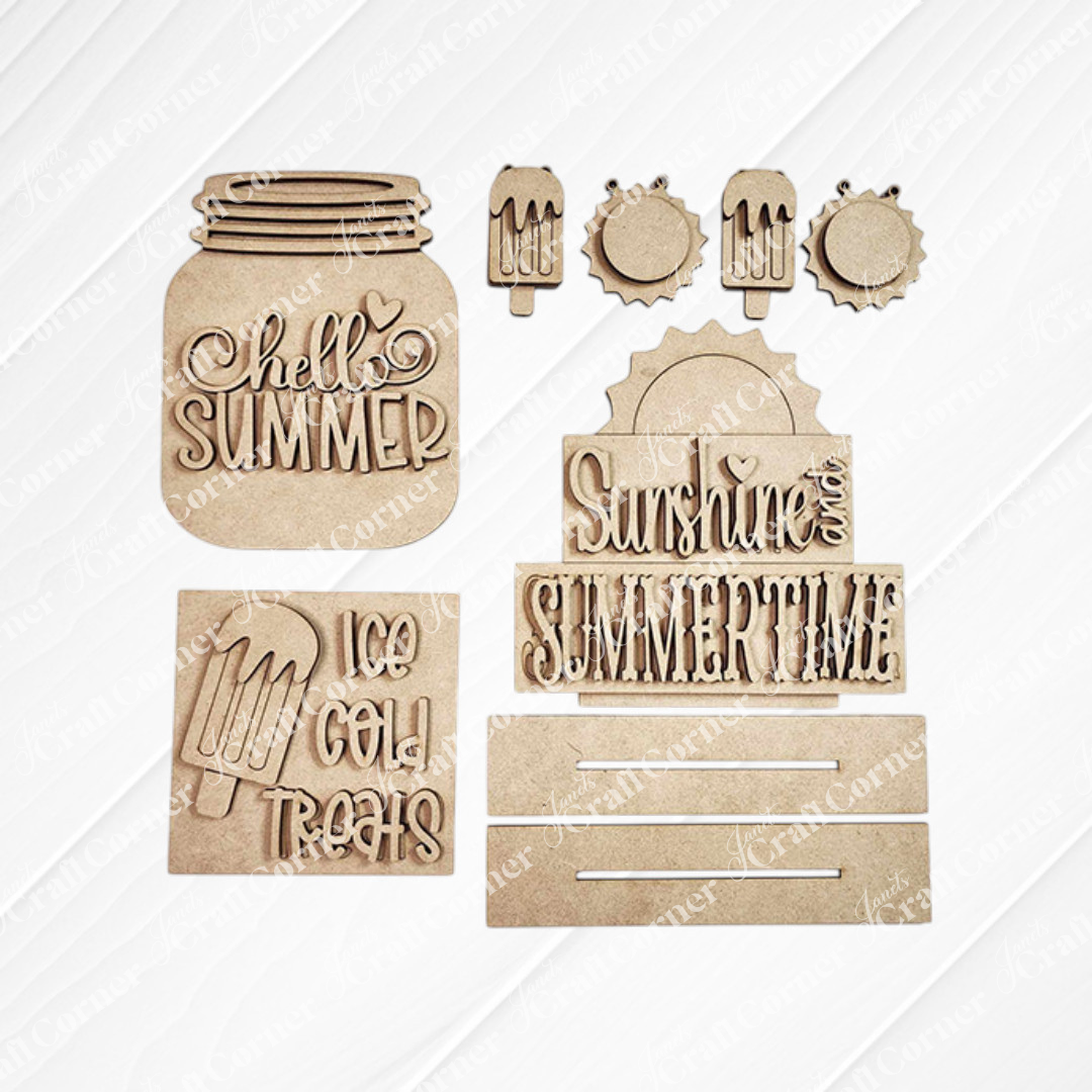 Janet's Craft Corner presents the "Hello Summer Decor Set," a DIY seasonal home decor craft kit. This set includes 6 wooden cutout pieces: popsicles, suns, and signs like "Sunshine and Summertime" and "Ice Cold Treats," perfect for adding summer charm to any space.