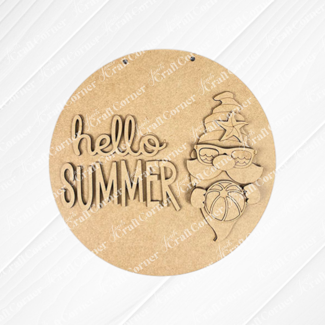The Hello Summer Gnome Wall Hanger DIY Craft Kit by Janet's Craft Corner is a 10.5" round unfinished wood piece with "hello SUMMER" and an engraved gnome—perfect for adding a fun, summery touch to your entryway décor.