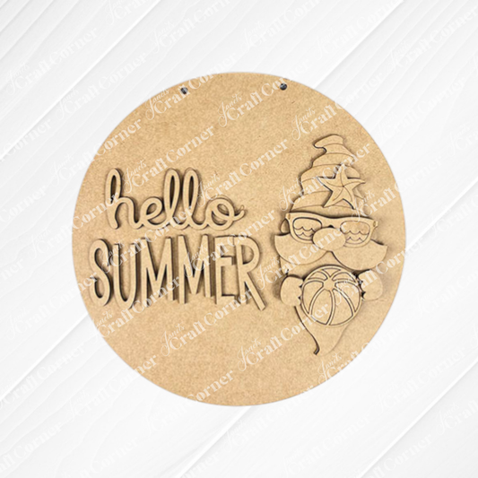 The Hello Summer Gnome Wall Hanger DIY Craft Kit by Janet's Craft Corner is a 10.5" round unfinished wood piece with "hello SUMMER" and an engraved gnome—perfect for adding a fun, summery touch to your entryway décor.