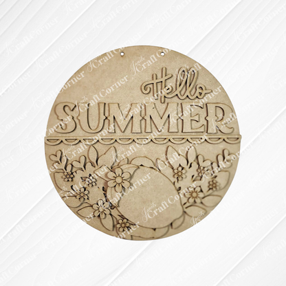 Janet's Craft Corner Hello Summer Lemon Door/Wall Hanger features farmhouse style, "Hello SUMMER" engraving, floral accents, a bold lemon slice, and a white background with diagonal lines—ideal as an unfinished wood DIY home decor kit.