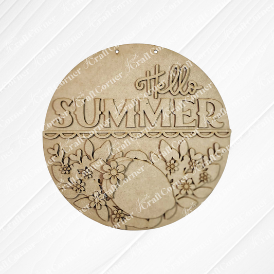Janet's Craft Corner Hello Summer Lemon Door/Wall Hanger features farmhouse style, "Hello SUMMER" engraving, floral accents, a bold lemon slice, and a white background with diagonal lines—ideal as an unfinished wood DIY home decor kit.