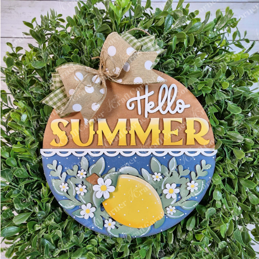 Janet's Craft Corner Hello Summer Lemon Door/Wall Hanger features "Hello SUMMER" text, daisies, a lemon, polka-dot bow, and green foliage—perfect for DIY farmhouse-style summer decor.