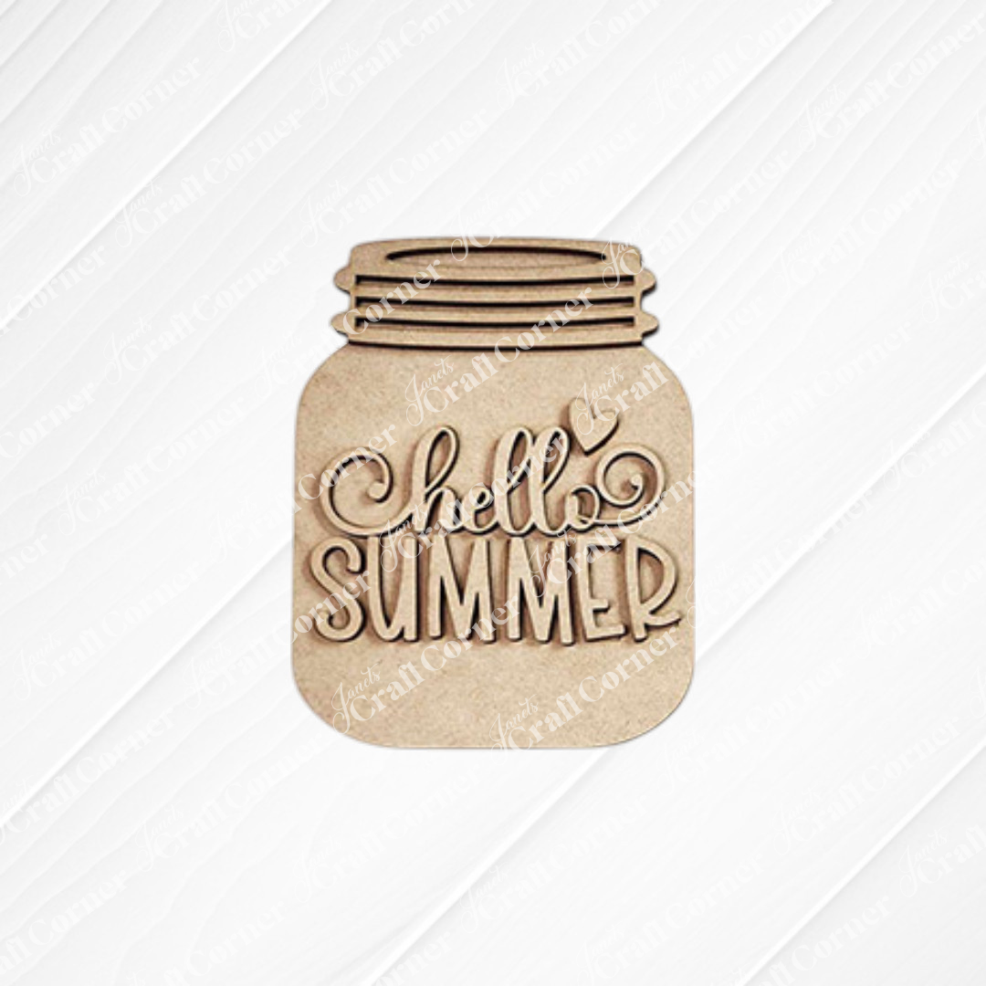 The Hello Summer Decor Set by Janet's Craft Corner features a mason jar-shaped wood cutout with "hello SUMMER" in mixed fonts—ideal for summer home décor or tiered trays. This Summer DIY Craft Kit includes 4 pieces.