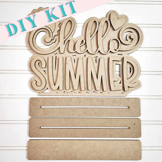 Introducing the "Hello Summer Standing Shelf Sitter" by Janet's Craft Corner: a delightful wooden DIY kit showcasing laser-cut words "Hello Summer" with a cute heart. It includes three horizontal rectangular pieces with slots, set beautifully against a crisp white, slatted backdrop—ideal for your summer decor project.