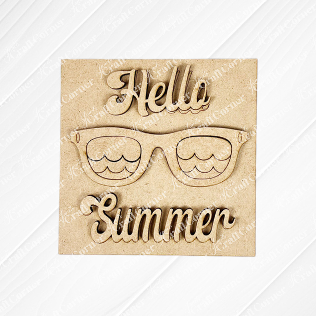 The "Summer Lovin Swappable Squares" DIY kit by Janet's Craft Corner features a wooden square sign with "Hello Summer" in cursive and wave-pattern sunglasses—ideal for tiered tray decor and seasonal home crafting.
