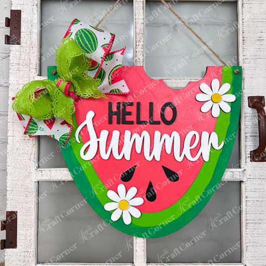 Welcome summer with the Hello Summer Watermelon Door Hanger DIY Craft Kit by Janet's Craft Corner! This 10.3" x 11.7" unfinished wood hanger features "HELLO Summer," daisies, and a bow—perfect décor or for customizing your door this season.