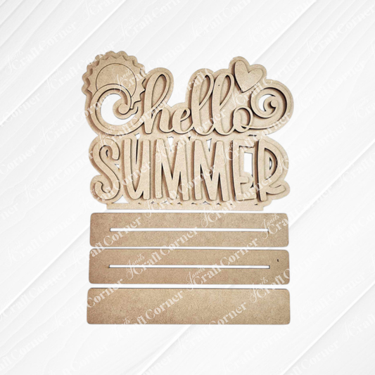 Janet's Craft Corner Hello Summer Word Art Shelf Sitter DIY Kit (7.3" x 9.75") features "hello" with a sun, heart, and three blank slotted panels—perfect as an unfinished wood summer décor piece for your home.