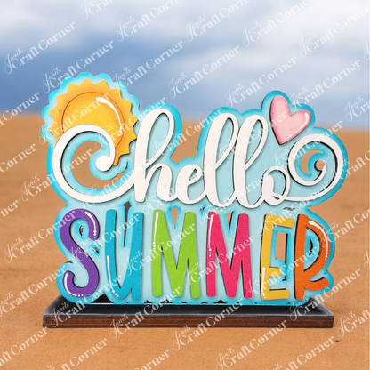 The Hello Summer Word Art Shelf Sitter by Janet's Craft Corner is a 7.3" x 9.75" DIY craft kit with cheerful rainbow letters, a yellow sun, and pink heart—perfect summer home décor or an unfinished wood shelf sitter.
