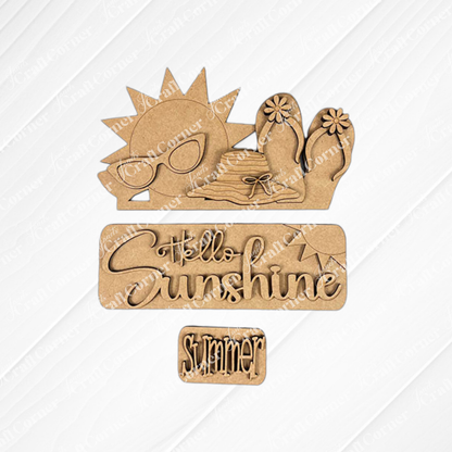 The Hello Sunshine Interchangeable Insert by Janet's Craft Corner is a delightful wooden plaque kit that features a sun with sunglasses, a hat, and flip-flops decorated with flowers. The phrases "Hello Sunshine" and "Summer" stand out against its textured white background, providing a cheerful addition to your home decor.