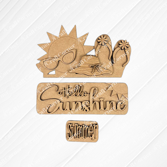 The Hello Sunshine Interchangeable Insert by Janet's Craft Corner is a delightful wooden plaque kit that features a sun with sunglasses, a hat, and flip-flops decorated with flowers. The phrases "Hello Sunshine" and "Summer" stand out against its textured white background, providing a cheerful addition to your home decor.