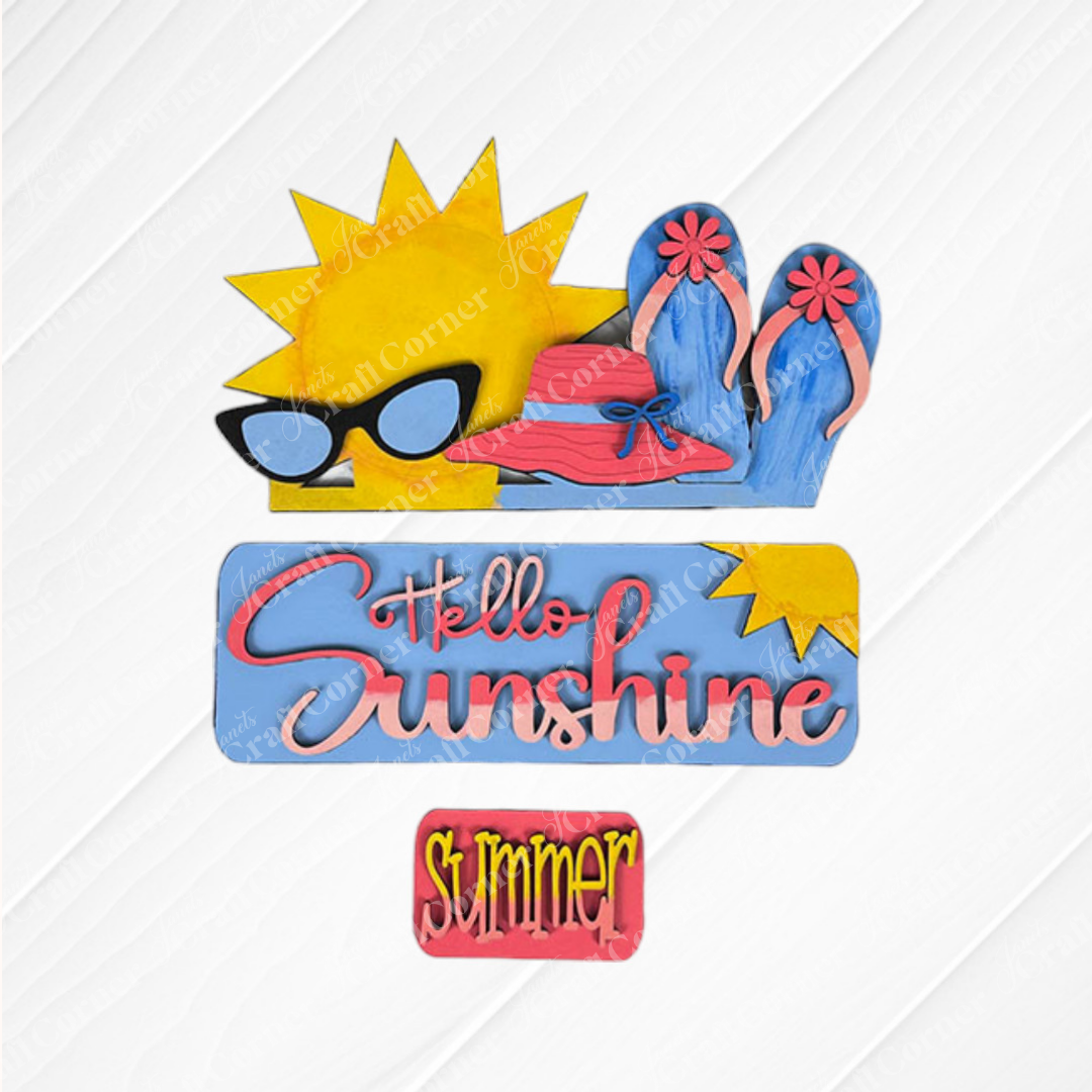 The Hello Sunshine Interchangeable Insert by Janet's Craft Corner is a decorative DIY home decor kit that showcases summer-themed artwork, including a sun, sunglasses, flip-flops, and a hat. It features the text "Hello Sunshine" and "Summer" set against a textured background, making it an ideal choice for crafting enthusiasts to create hand-painted projects for their homes.
