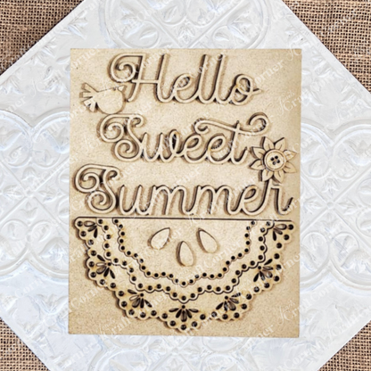 Janet's Craft Corner Vintage Watermelon Switchable Farmhouse Sign is a DIY seasonal home decor kit featuring "Hello Sweet Summer" text, bird, flower, and lace cutout designs—perfect for your Farmhouse Signs collection.
