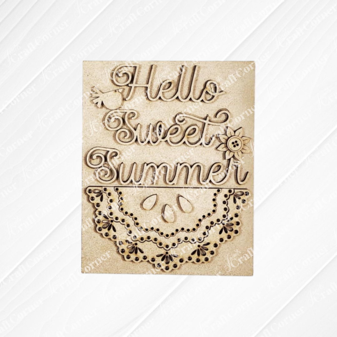 Janet's Craft Corner Vintage Watermelon Switchable Farmhouse Sign is a DIY seasonal home decor kit featuring "Hello Sweet Summer" text, bird, flower, and lace cutout designs—perfect for your Farmhouse Signs collection.
