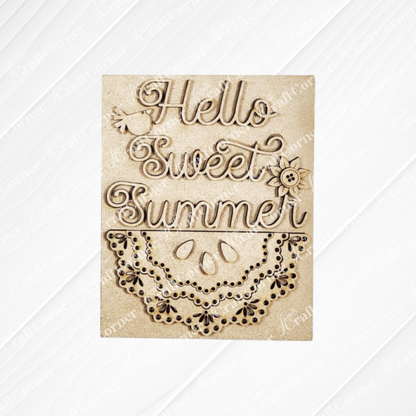 Janet's Craft Corner Vintage Watermelon Switchable Farmhouse Sign is a DIY seasonal home decor kit featuring "Hello Sweet Summer" text, bird, flower, and lace cutout designs—perfect for your Farmhouse Signs collection.