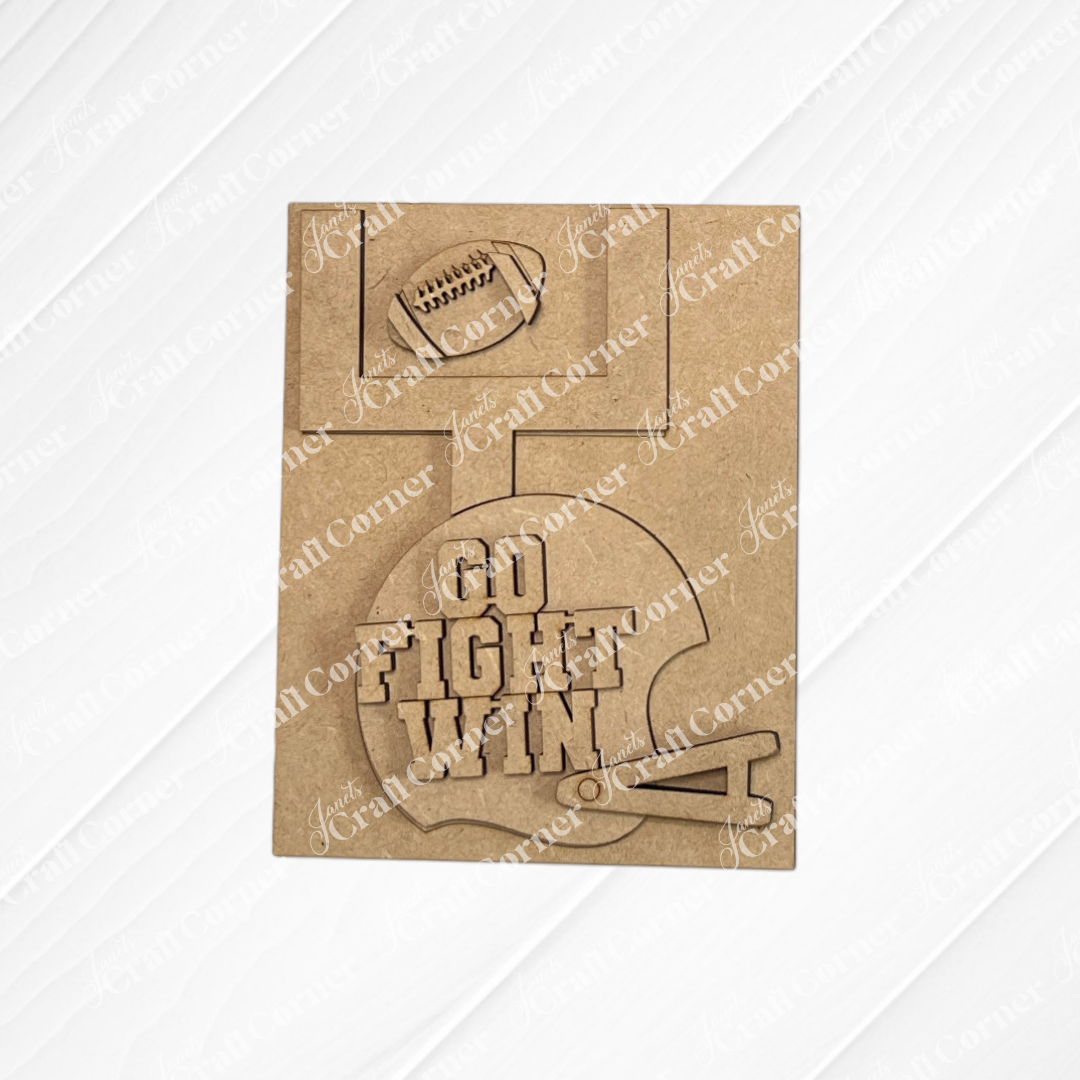 Add a sporty touch to your home with the “Football Farmhouse Signs” by Janet’s Craft Corner. This brown cutout card showcases a football inside a goalpost at the top and a large football helmet with the bold phrase “GO FIGHT WIN” below, making it an ideal choice for your DIY home decor kit or as an interchangeable seasonal accent for any living space.
