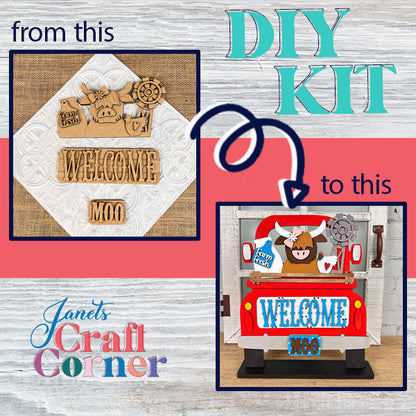 Explore the Farm Welcome Interchangeable Insert by Janet's Craft Corner, a DIY home decor kit that turns a plain wooden board into delightful farmhouse decor. Begin with a "Welcome" sign featuring a Highland cow face and finish with a lively red farm-themed welcome sign adorned with interchangeable cow decorations.