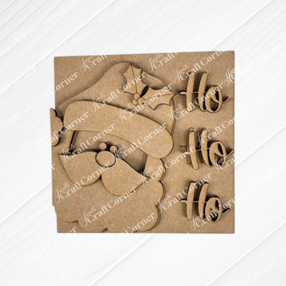 Santa Squares by Janet's Craft Corner: a laser-cut wooden decor with Santa's face and "Ho Ho Ho" on a square backing. This unfinished DIY piece is ideal for customizing and fits perfectly in your Swappable Squares craft kit collection.