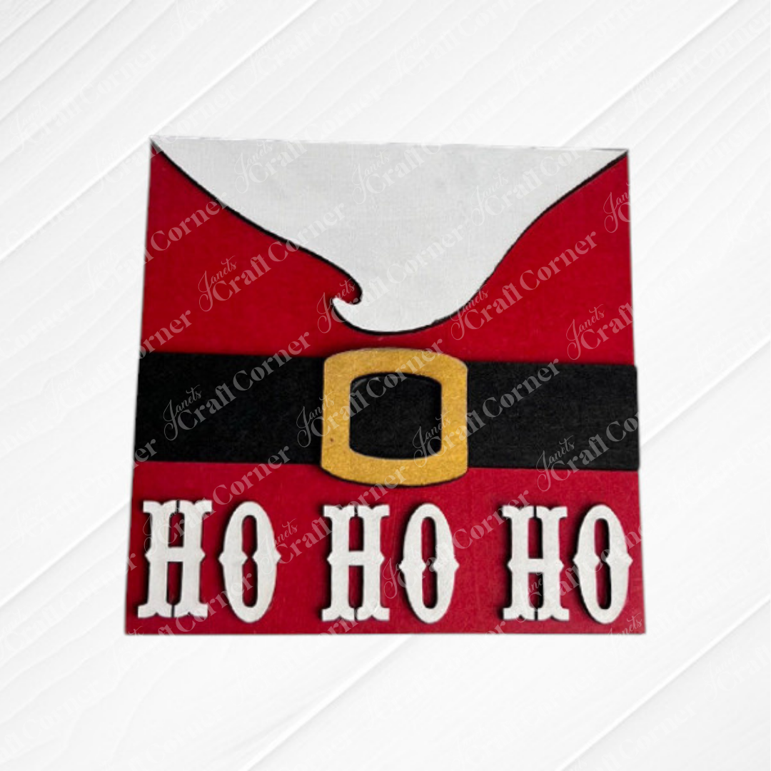 Janet's Craft Corner’s Santa Squares napkin features Santa’s white beard, red coat, black belt, gold buckle, and bold “HO HO HO”—ideal for festive home decor or adding to your favorite craft kit.