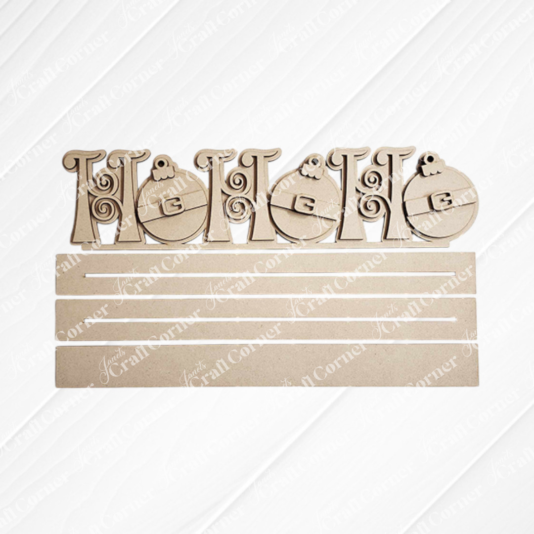 This "Ho Ho Ho" wooden sign from Janet's Craft Corner features decorative letters and two ornamental Christmas baubles, along with four slots for displaying personalized home décor items. The whitewashed wooden plank background adds a rustic charm, making it an ideal  Shelf Sitter for festive displays.