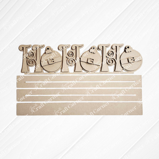 This "Ho Ho Ho" wooden sign from Janet's Craft Corner features decorative letters and two ornamental Christmas baubles, along with four slots for displaying personalized home décor items. The whitewashed wooden plank background adds a rustic charm, making it an ideal  Shelf Sitter for festive displays.