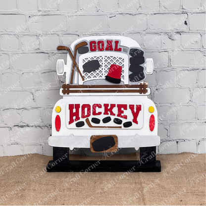 Create a decorative wooden plaque with Janet's Craft Corner's Hockey Interchangeable Insert, a DIY kit featuring hockey-themed elements like sticks, pucks, and a helmet. Display "GOAL" and "HOCKEY" against a white brick wall for the perfect seasonal home decor.