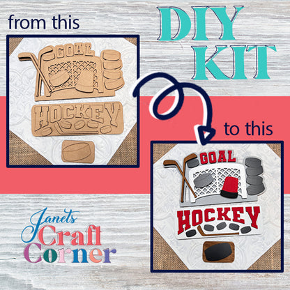 Explore the Hockey Interchangeable Insert DIY home decor kit from Janet's Craft Corner. Transform plain wooden cutouts of a hockey goal, sticks, and puck into colorful works of art. This kit includes the words "GOAL" and "HOCKEY" on a white background, making it ideal for adding a hockey-themed touch to your home decor.