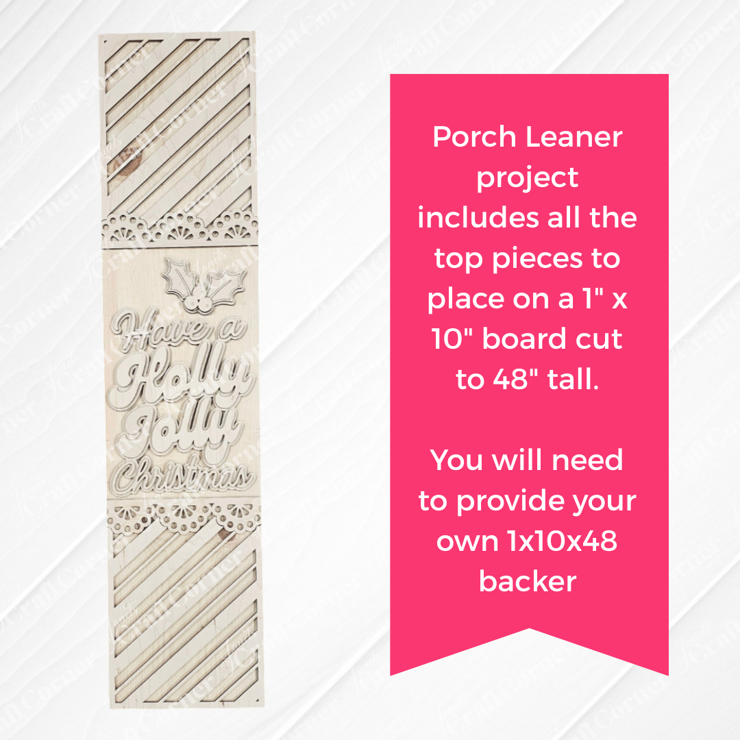 Janet's Craft Corner’s Holly Jolly Porch Leaner DIY kit (set of 1) features layered wood, “Have a Holly Jolly Christmas” text, holly leaves, and a pink details box—perfect for festive seasonal home decor.