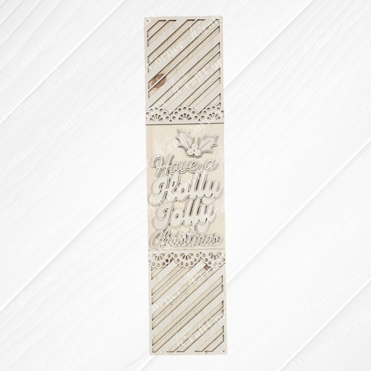 The Holly Jolly Porch Leaner from Janet's Craft Corner is a vertical, rectangular, laser-cut DIY craft kit featuring “Have a Holly Jolly Christmas” and holly art—perfect for seasonal home decor or creative holiday projects. Set of 1.