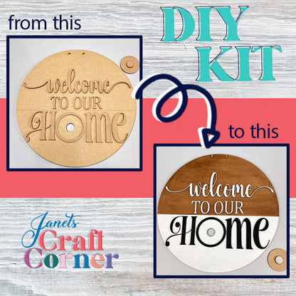 Transform an unfinished wooden sign into a stunning two-tone masterpiece with our Welcome to Our Home Door Hanger Interchangeable Set. Start with an engraved "welcome to our home" piece and use our DIY kit, featuring the branded logo of Janet's Craft Corner, to create beautiful interchangeable décor.